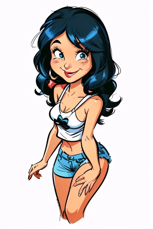 woman in a white blouse and blue shorts, cartoon artworkstyle, in cartoon style, cartoon character, cartoon image, cartoon artwork style, Betty Boop, cartoon style illustration, comic character design, cute cartoon character, cartoon artwork, 90s comic book character design, comic pinup style, comic character,  pin-up, J.. Scott Campbell, cartoon drawing