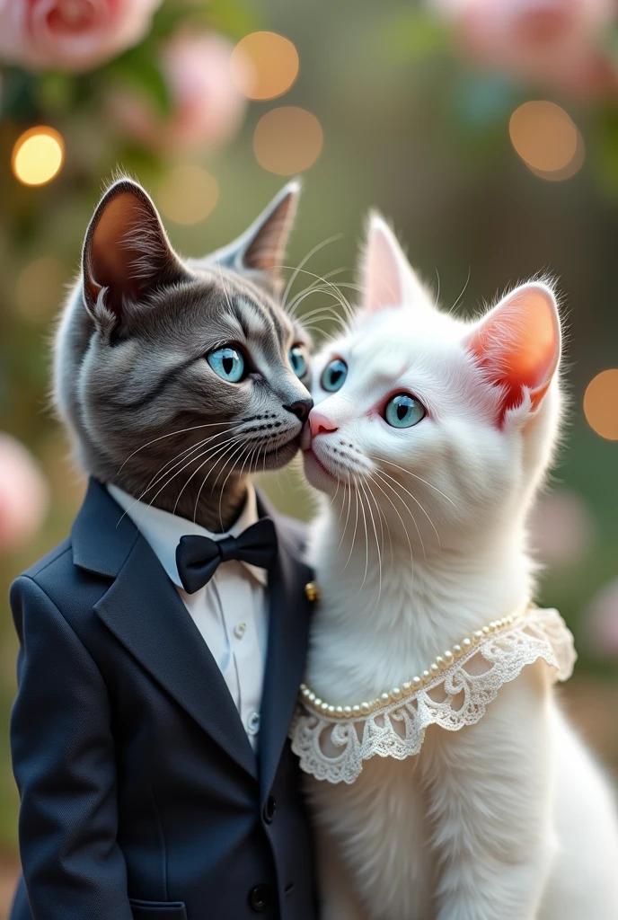 The gray blue-eyed cat in a wedding suit and the white green-eyed cat in a wedding dress are kissing.