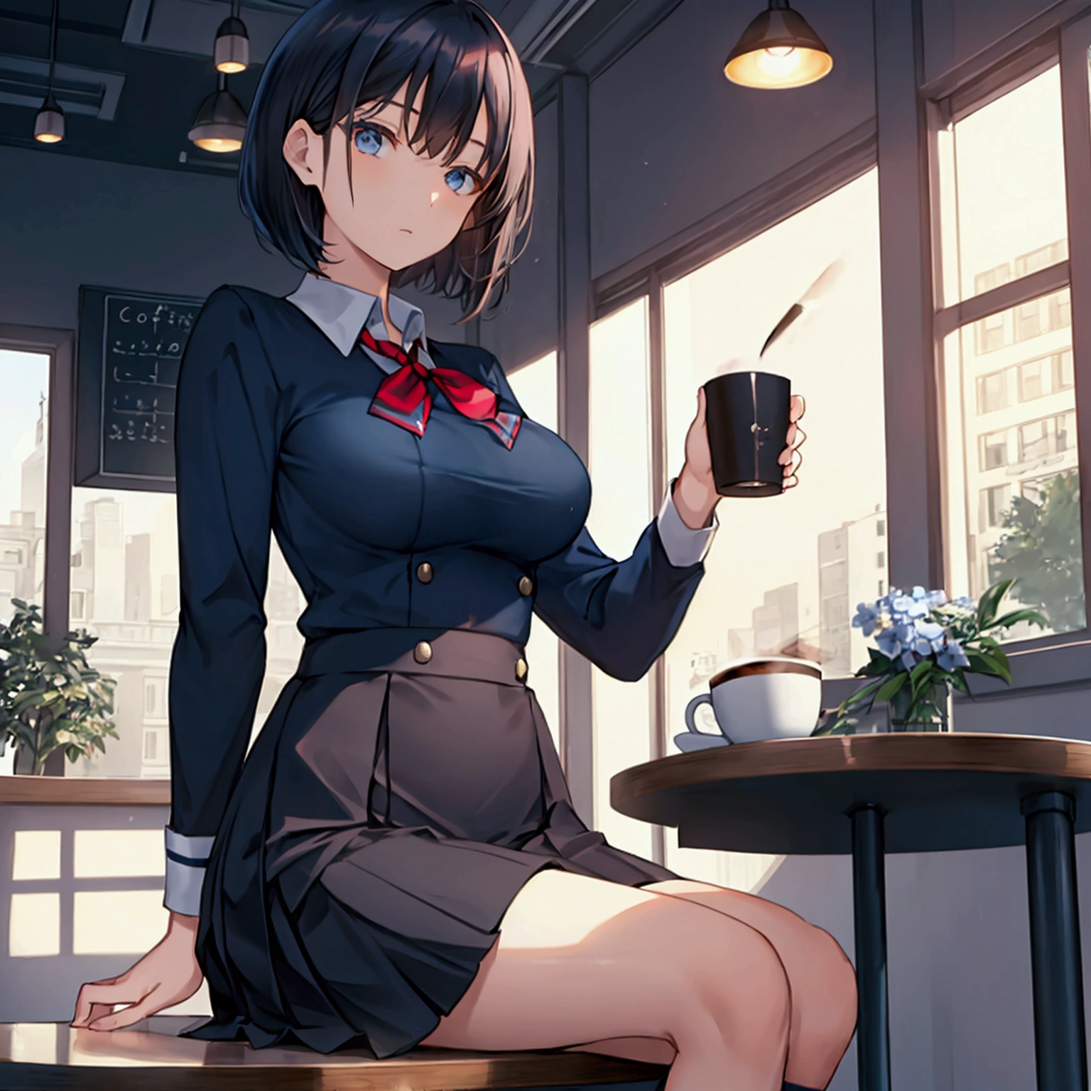Coffee shop background, school uniform, dark blue uniform, 1woman, solo, dark hair, short hair, shining hair, medium-large breast, sitting behind table, facing viewer, arrogant, 