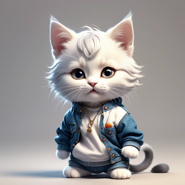 masterpiece,Highest quality,animal,a bit,cute,No humans,White kitten,Sweatshirt and denim outfit,Stand on hind legs