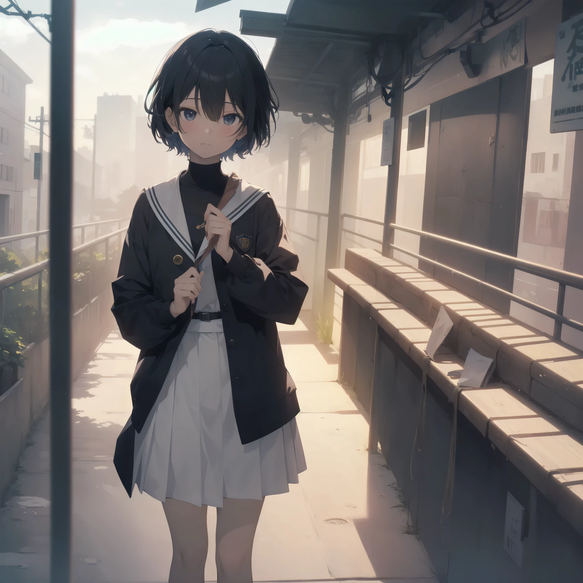ultra-absurdres-Top quality by artist God, ultra-detailed, high resolution, anime moe artstyle, best anime 8k konachan wallpaper, pixiv contest winner, pool:2810, perfect ???????,break, 1girl, (Please draw a girl walking sleepily to school alone. )break,(Solo,little female, 13-year-old:1.3),Full limbs, complete fingers,a junior high school student, (very short hair), short cut, flat chest, , small butt, small black eyes, beautiful detailed eyes, well-proportioned iris and pupils, expressive eyes, highres detailed hair, soft expression, salor school_uniform, sailor collar, serahuku, bow, pleated skirt,(Detailed Lighting), (Detailed background), in the School commute route. break,super detailed skin, Best cinematic lighting powered by famous artist, 8k,beauty illustration,photoshop_(medium),very aesthetic,break,((artist:rappa_(rappaya) )), artist:clamp ,artist:carnelian ,artist:kantoku ,