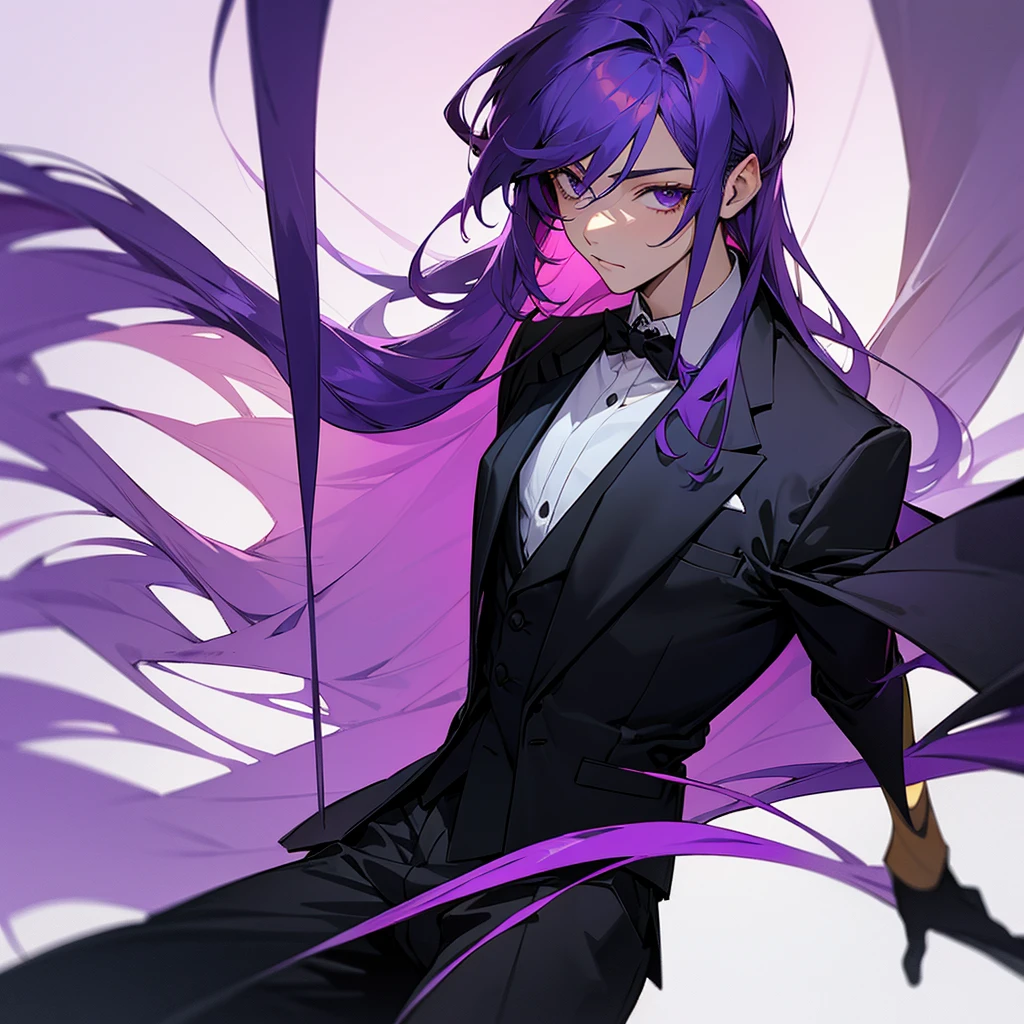 Young boy with long purple hair in formal clothes