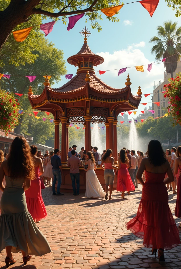 (photorealism:1.2), mexican party at the mainsquare, people around the kiosko in the middle of a beatiful garden with trees and fountains, people are wearing modern clothes but the enviroment seems like a town in mexico

