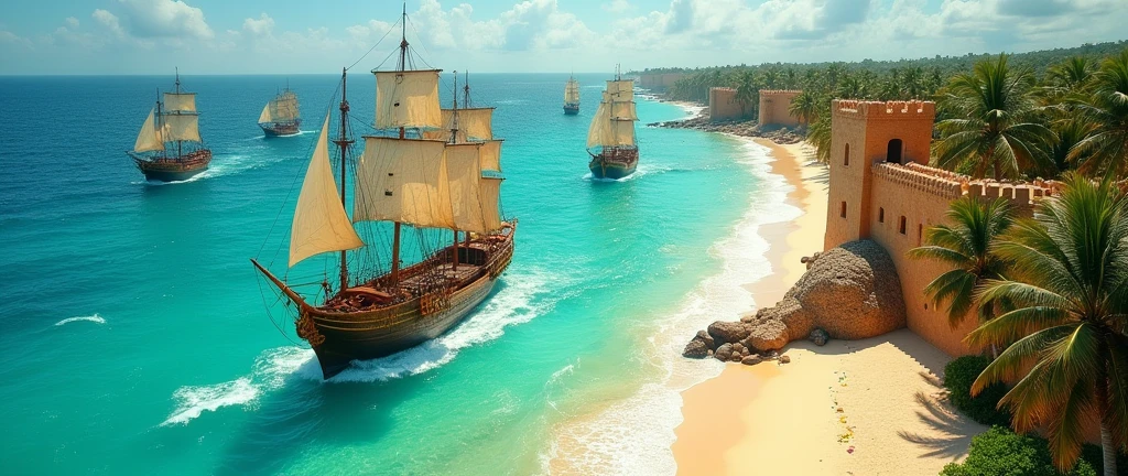 Medium sized ships leaving tropical beach coast with sand stone castle but from above