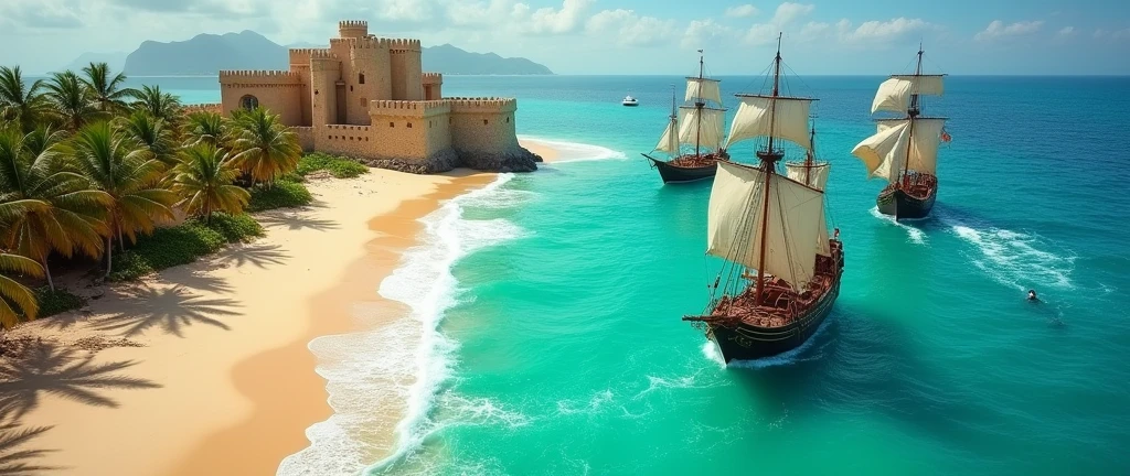 Medium sized ships leaving tropical beach coast with sand stone castle but from above