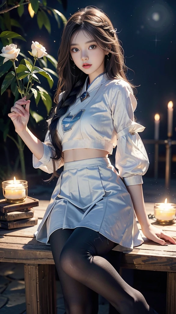 ulzzang-6500-v1.1, (RAW photo: 1.2), (Real photo), (Real photo: 1.4), 1 girl、Perfect anatomy、19 years old、Looking at the camera、Medium length hair、side braid, short white uniform skirt, holding a white jade bracelet next to the flickering candles at night, under the starry night sky, ((starry night: 1.1))、(Hyperrealistic tights: 1.2), (Business service)、Asian eyes Ella,