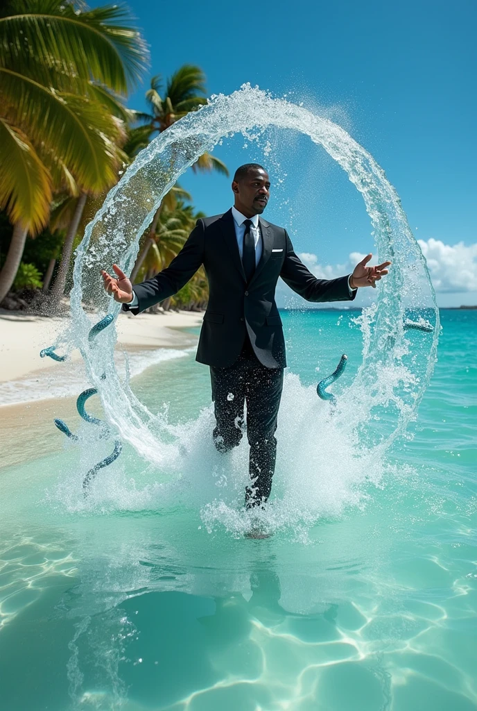Black man water bending in suit and tie in the caribbean. Water legs. Creating several water serpent