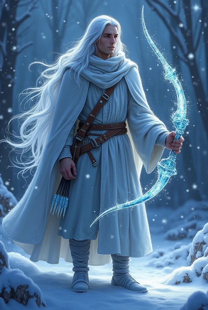 22 year old man, with knee-length white hair with a bow and arrow of ice