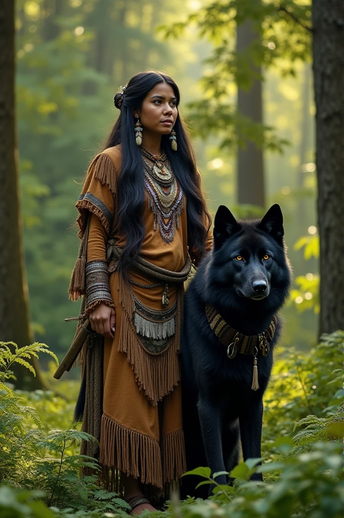 An indigenous woman who is in the forest with a black wolf