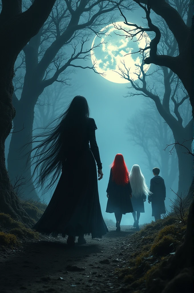 Long black haired vampire hunting in the forest with a long red haired daughter, a daughter with long, white hair and a son with short, black hair