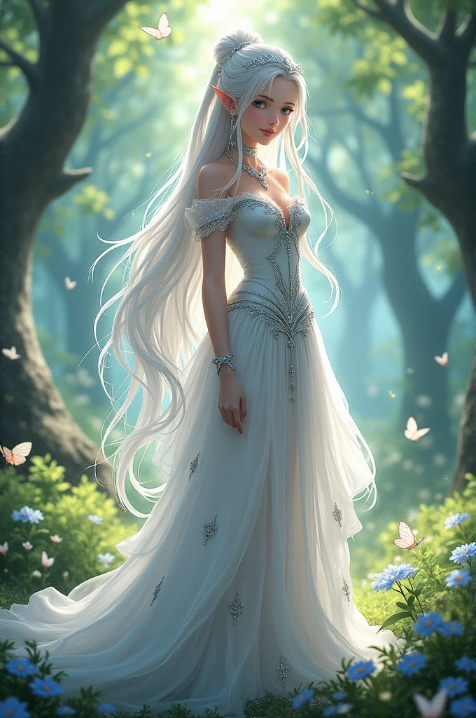 Anime elf girl with 2b hairstyle wearing a white mage oufit