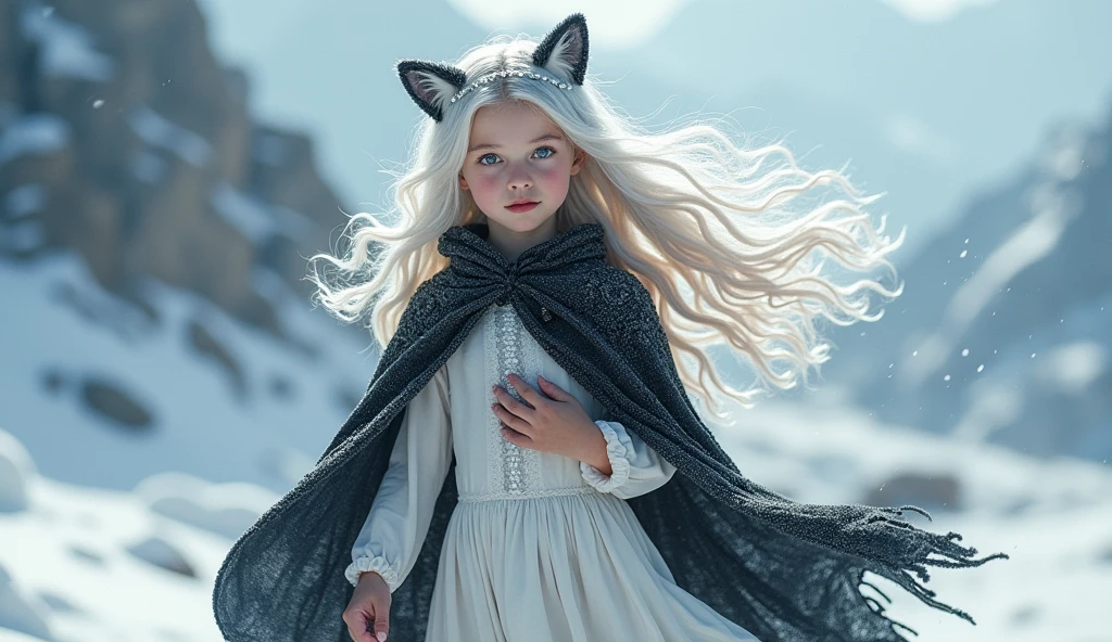 (masterpiece, best quality:1.2),1girl, upper body,tail, large tail, white hair, very long hair, wavy hair, grey eyes, detailed eyes, multicolored hair, circlet, bead necklace, animal ears, leopard ears, black cape, white dress, hip vent, pelvic curtain, grey thighhighs, snowy, snowy mountains, blizzard, volumetric lighting, subsurface scattering, cinematic lighting, chiaroscuro, floating hair, hand on own chest, human like, realistic