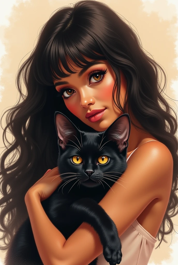 Woman with long wavy hair with bangs and dark eyes hugging a black cat, watercolor style, with Latin American features 