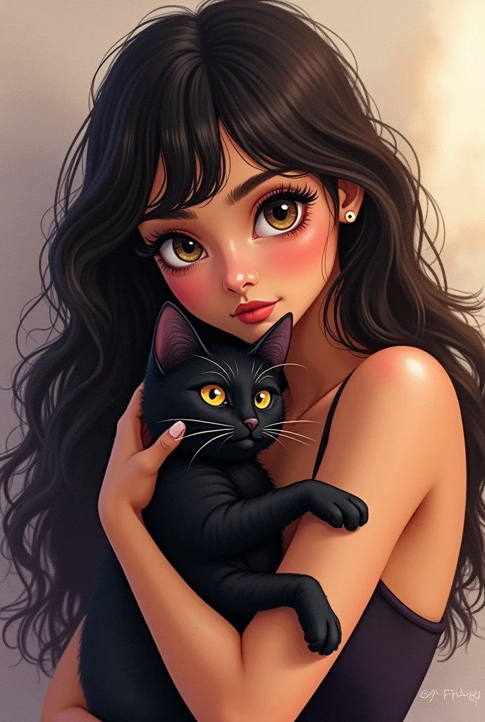 Woman with long wavy hair with bangs and dark eyes hugging a black cat, watercolor style, with Latin American features