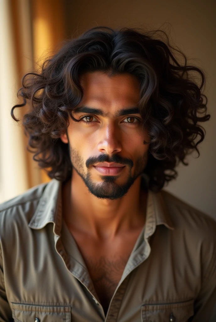 full frame, full body shot, standing, cute, male model, Arab or Pakistani male, long curly hair, short beard, brown eyes, (skin texture),  shallow depth of field, sharp eye focus, backlit