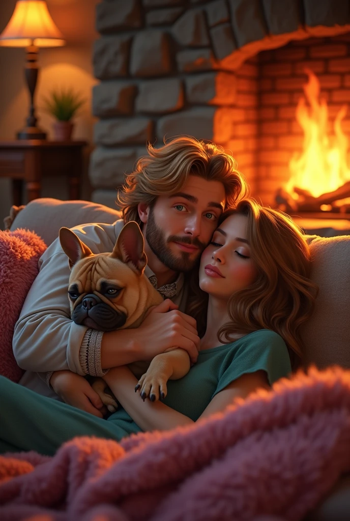 (photorealism:1.2),Create an illustration of my pet with a 2D animation style. He's taking a nap in his favorite spot by the fire. It is a fawn French bulldog breed dog, you can do it next to a fireplace with its owner, a man with blonde hair, green eyes with a full beard on his face, you can add a woman with brown hair, brown eyes.