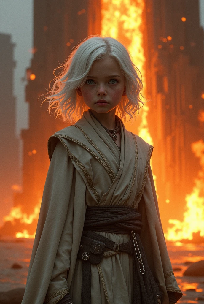 (photorealism:1.2), young girl, Sith robs, standing Infront of a burning building , relaxed pose, realistic, intricate details, warm colors, by Greg Rutkowski, by Alphonse Mucha, White hair, silver eyes