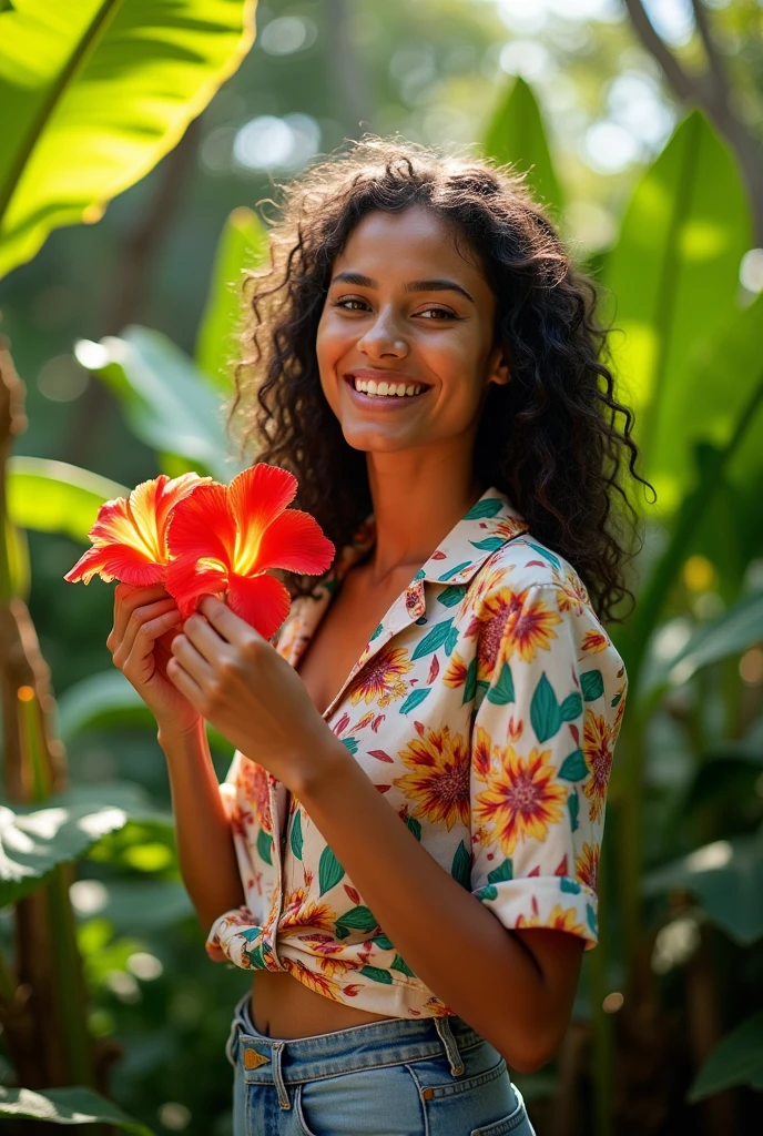 A Brazilian woman in a lush tropical garden, wearing an open shirt with a floral print, with a close-up capturing the harmonious beauty between her breasts and the natural flowers, showing off your natural charm and outgoing personality.
