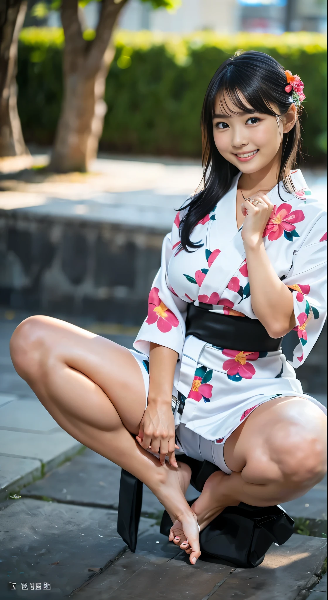 (8k、Raw photography、Highest quality、masterpiece:1.2),(Black Hair、Dark Eyes:1.9),(:1.7)、View your viewers,Front view,White skin,(Floral Yukata:1.4)、(Tight waist:1.6)、(Clothes that accentuate the shape of the breasts:1.4)、(Big Breasts :1.6)、Slim figure、Ultra-high resolution,beautiful,beautiful fece,(One person、No background:1.9),whole bodyボディー,Japanese women,(reality的:1.37)、Photon Mapping,reality、(Baby-faced and cute: 1.4)、(Cute Smile: 1.8)、(Round face: 1.8)、Radio City、Physically Based Rendering、Depth of field rally background、photograph, (I can see your knees、Thigh close-up:1.8),(:1.6),whole body、Great quality