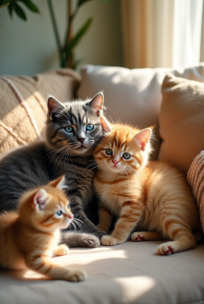 The gray blue-eyed cat and the green-eyed cat have babies