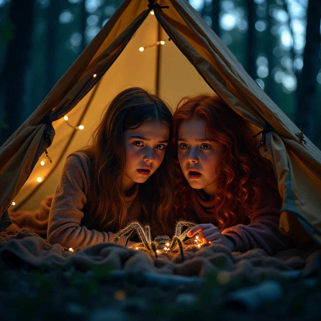 Mes moi une image montrant deux jeune fille de 11ans une qui s’appelle ambre elle est brune des cheveux longs et un autre qui s’appelle Viviane elle est rousses de cheuveux long elles étais dans une tantes voyant une araignée sur la fermeture de la tante ambre et Viviane tout effrayer criant dans le tente pendant la nuit noir et l’araignée étais dans leurs tante pendant que ambre et Viviane étais heu aussi dans leur tante 