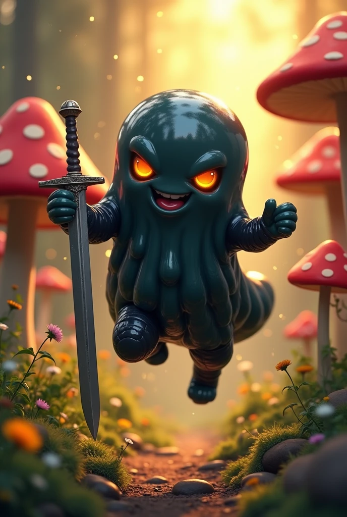 A mischievous slime with black coloring, not anime style, with a sword equipped