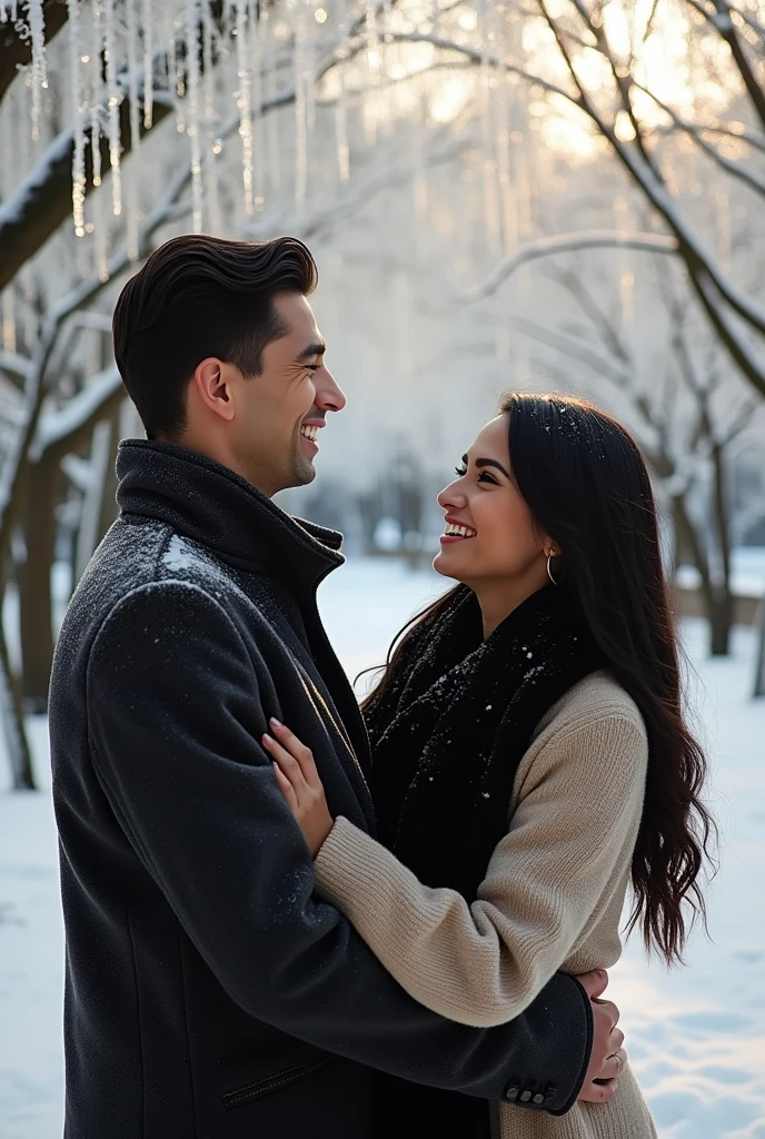 a woman with black hair and green eyes talking to a tall man with black hair and green eyes and they are both wearing winter clothes walking through a snowy garden in the most realistic style you can. Leave it at a wider angle. I want the woman to be laughing at something the man said and the man to be smiling and I want the angle to be much wider.