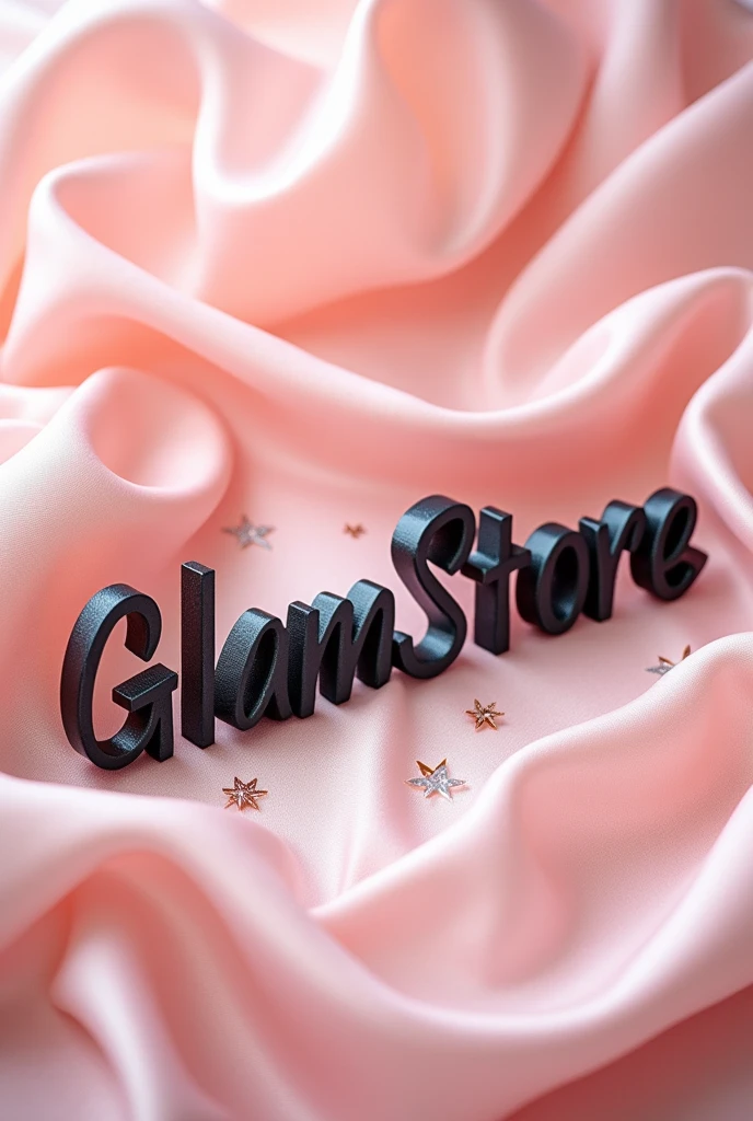 A pink silk background that says in bold and dark letters GlamStore that draws attention but is very delicate and elegant so that the glamstore letters are prettier and the pastel pink silk background is like covering a box., without the box, with letters with sharp points some sparkles and a duller color with sparkles and a duller silk