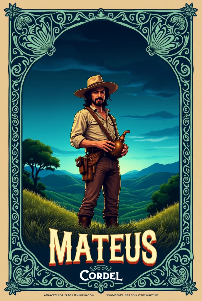 Create the cover of a cordel, from Rio Grande do Sul, with the name "Mateus", with the predominant color dark blue