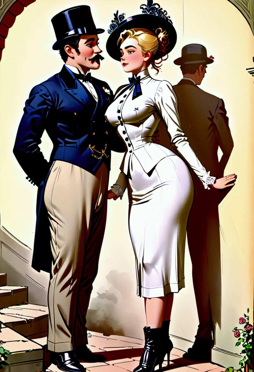 Year 1901. (((1man, 1girl:1.5))). A gorgeous thotty **** blonde Gibson Girl ((having sex:1.5)) with an aged horny 69yo white-haired gentleman. 1900_dress. (((NSFW.))) Man cornering girl on a wall. Man one head taller than girl. Girl wearing high-collar long sleeve dress, ornate wide-brimmed flat picture hat, long skirt, petticoats, stockings, boots, hourglass figure, buxom, wasp waist, bubble butt, one leg up. Man wearing three-piece business suit and bowler hat, handlebar mustache, beard.