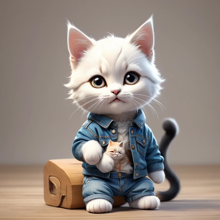masterpiece,Highest quality,animal,a bit,cute,No humans,White kitten2Animals,Sweatshirt and denim outfit,Stand on hind legs