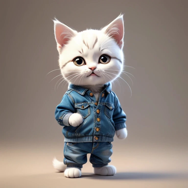 masterpiece,Highest quality,animal,a bit,cute,No humans,White kitten2Animals,Sweatshirt and denim outfit,Stand on hind legs