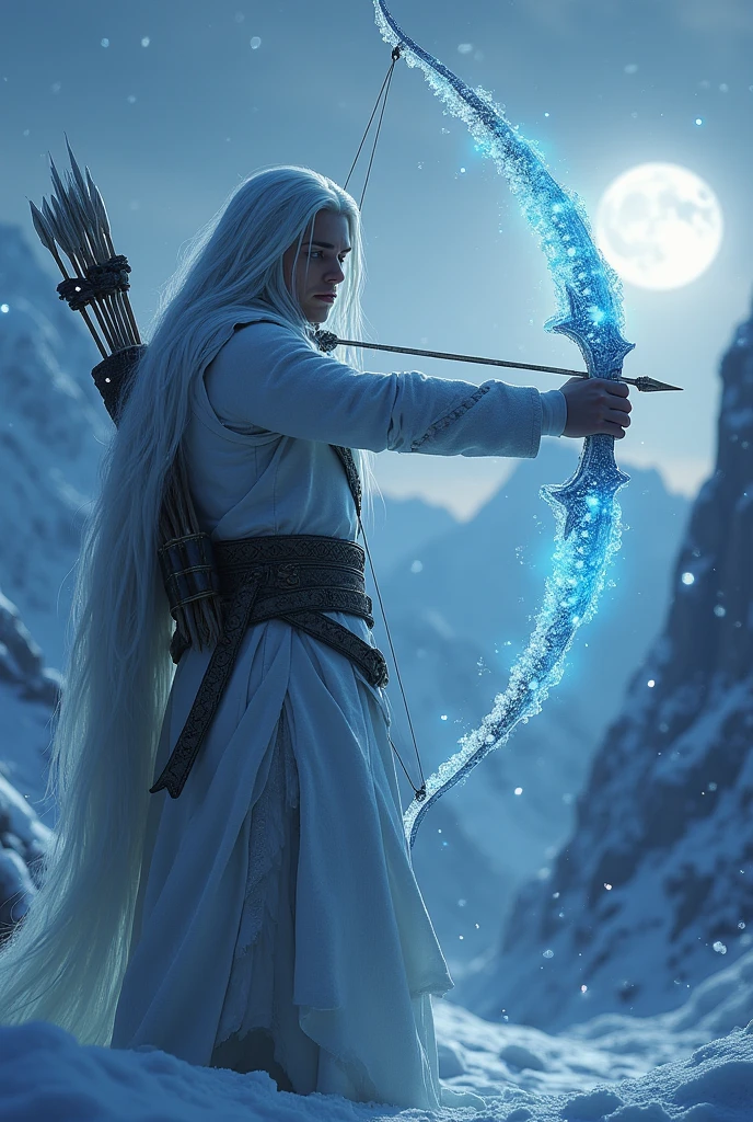 22 year old man, with knee-length white hair with a bow and arrow of ice