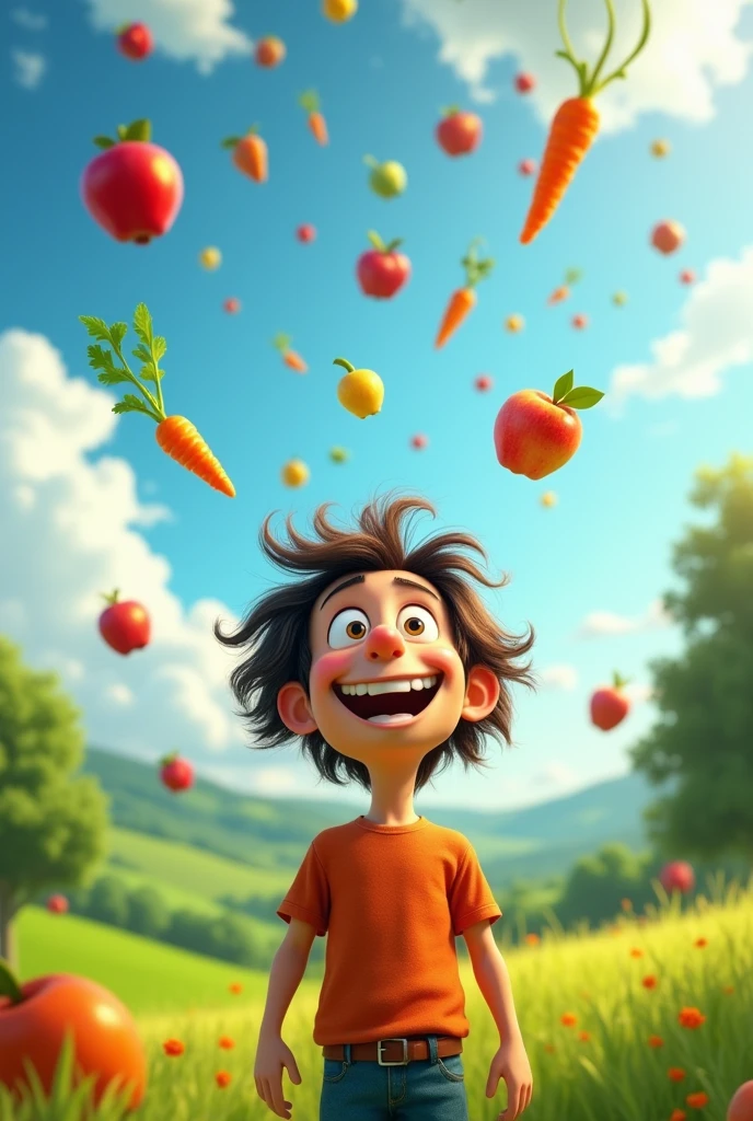 create for me an image in the character Flint from "It's raining hamburger" Looking at the sky, dazzled and happy that is falling healthy foods