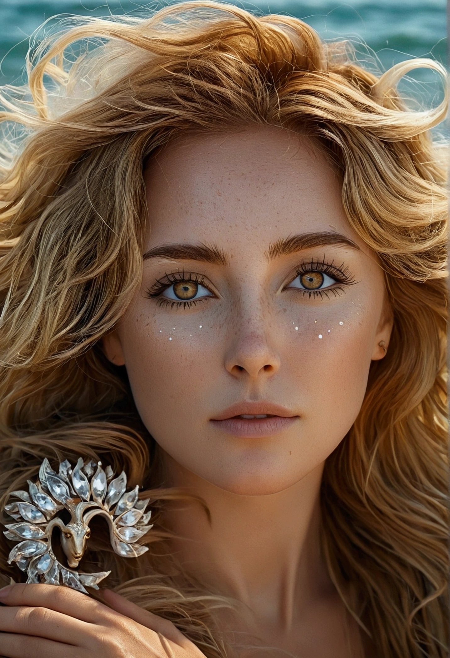 ( High quality , ultra detailed to hand ) ( careful hand ) Zodiac sign- Aries goddess , Brave ,willful ,productive ,enterprising and humanitarian face . Moody, impulsive, impatient, assertive style . Brown-blonde hair , in the ocean with sun , whole body , crystal fire eyes ( eye detailed ) . strong