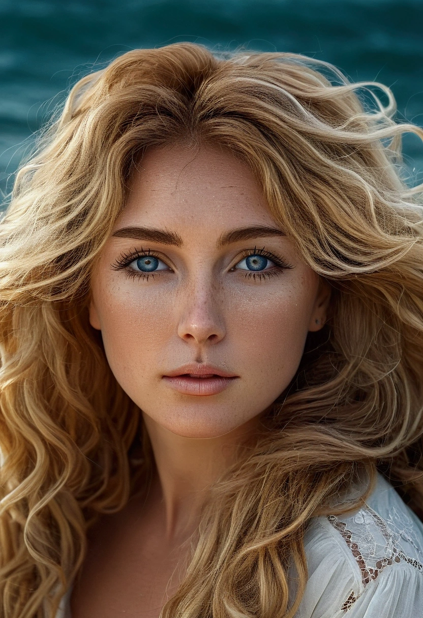 ( High quality , ultra detailed to hand ) ( careful hand ) Zodiac sign- Aries goddess , Brave ,willful ,productive ,enterprising and humanitarian face . Moody, impulsive, impatient, assertive style . Brown-blonde hair , in the ocean with sun , whole body , crystal fire eyes ( eye detailed ) . strong