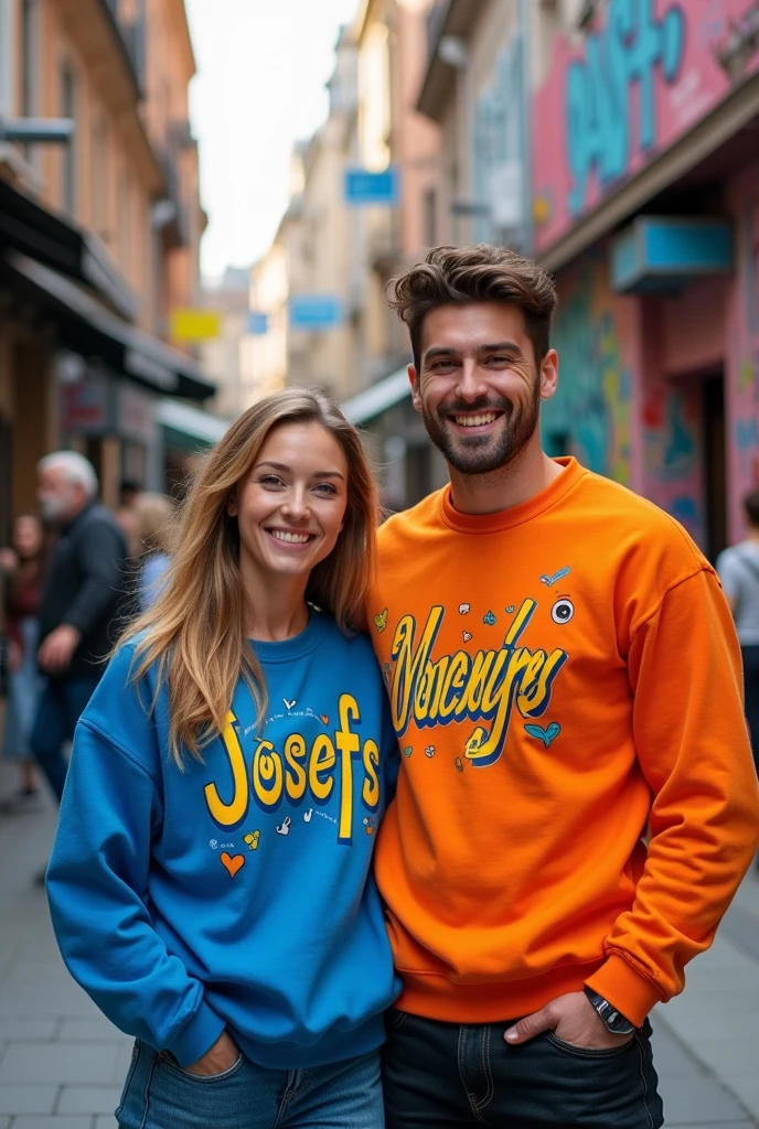 Take a photo of me where there is a man with a woman wearing a sweatshirt and on the man&#39;s sweatshirt I have the name Josefs and on the woman&#39;s sweatshirt I have the name Mariangel in animation mode 
