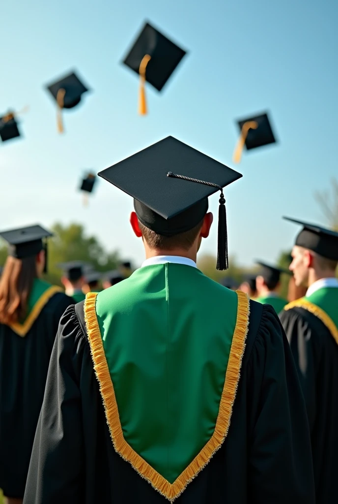 a green graduation stole with gold edges , that comes out from the front