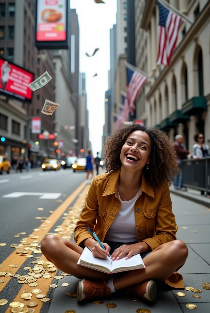 A happy smiling woman writing in a notebook, in front of the New York Stock Exchange, many money notes falling from the sky and golden coins on the ground, rising stock market indices being shown TB, in the background a long road with a sign saying creating wealth takes time, constancy and learning.