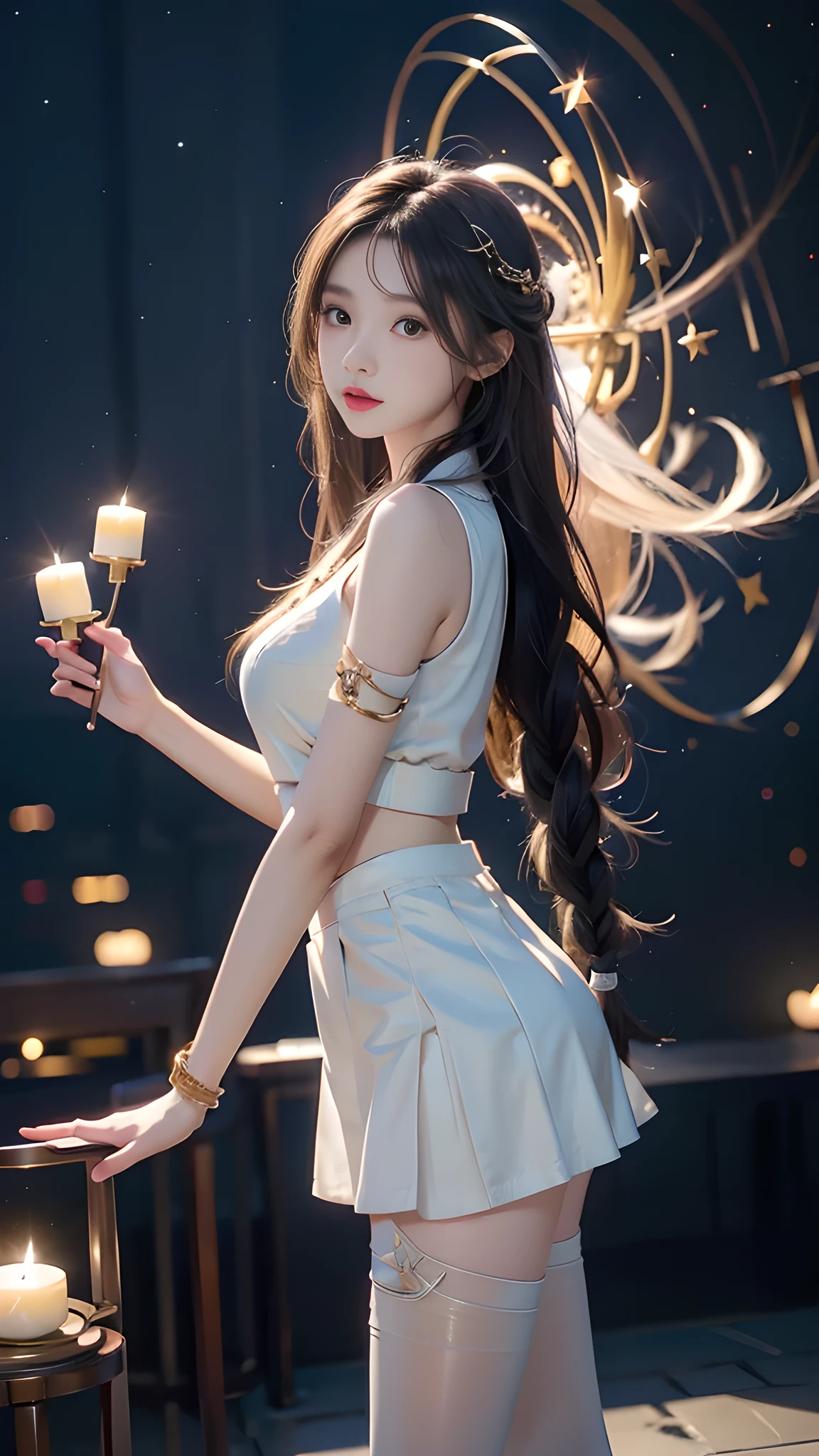 ulzzang-6500-v1.1, (RAW photo: 1.2), (Real photo), (Real photo: 1.4), 1 girl、Perfect anatomy、19 years old、Looking at the camera、Medium length hair、side braid, short white uniform skirt, holding a white jade bracelet next to the flickering candles at night, under the starry night sky, ((starry night: 1.1))、(Hyperrealistic tights: 1.2), (Business service)、Asian eyes Ella,