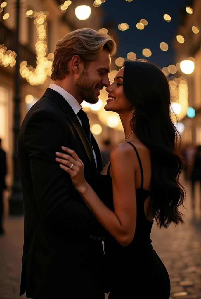 The subject of the portrait is a Spanish woman with olive-colored skin., dark skin and a flawless physique and a Spanish man who has flawless pale skin. The woman has long hair, glossy black hair that shines brightly and the woman is wearing a tight and captivating black dress while the man next to her is wearing a black business suit and the man must have wavy blond hair cut according to the regulation and he must not have a beard. They are both looking at each other while smiling a little and being affectionate towards each other.. The image should prominently highlight your black eyes while ensuring that your eye and hair color remain distinct.. The background should be dark while there are lots of city lights, creating a captivating atmosphere.