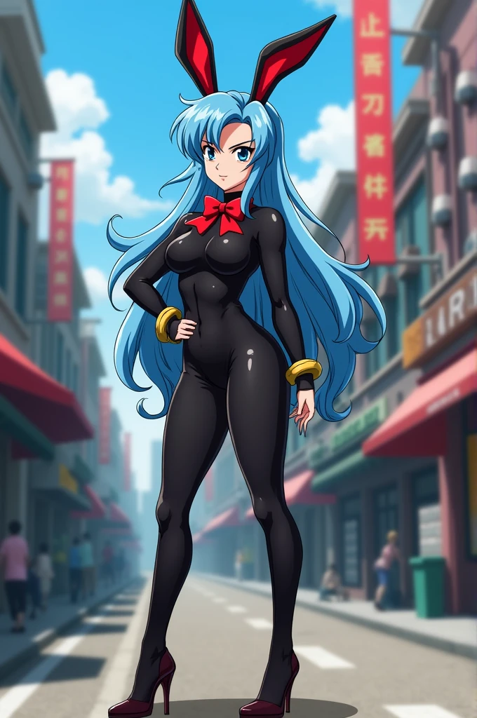 Clear, Here is a shorter version:

**bulma** of *dragon ball* con atuendo of conejita: Lleva un ceñido traje negro con orejas of conejo, a red bow tie around her neck, and high heels. Her blue hair is styled elegantly, complementing her flirtatious and daring look.