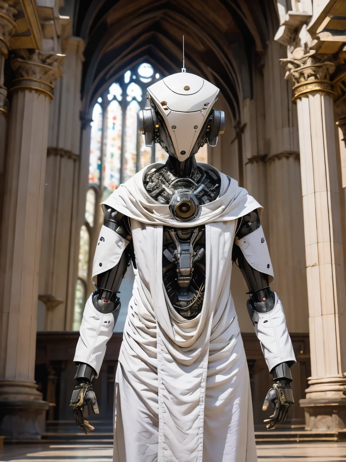 robot with white clothes in the center of a big temple church