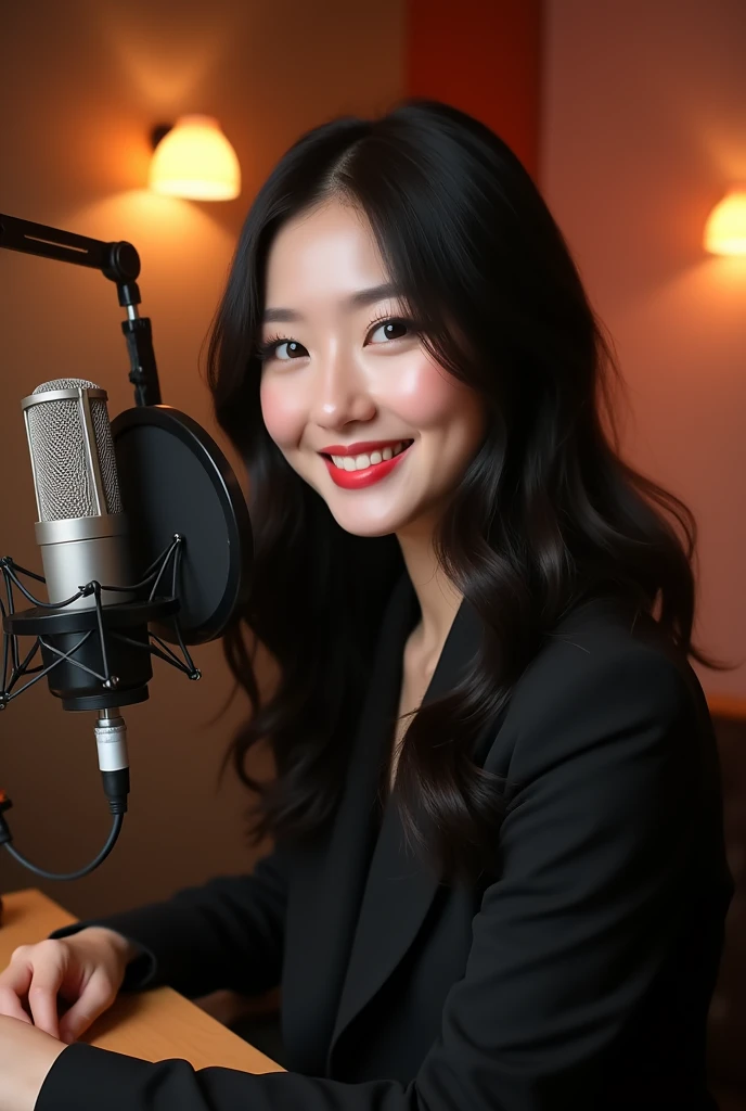 A beautiful woman with grey eyes and long, wavy black hair that hung down her shoulders. She had a radiant smile, her lips painted a soft red, and a confident and calm demeanor. Dressed in stylish yet professional attire, she exuded charm and intelligence. As a radio announcer, her voice was warm and alluring, with a melodic tone that easily caught the listener's attention. Her presence was captivating, combining beauty with a sharp wit and an undeniable passion for storytelling. a cute face typical of Koreans, she is 33 years old, sitting