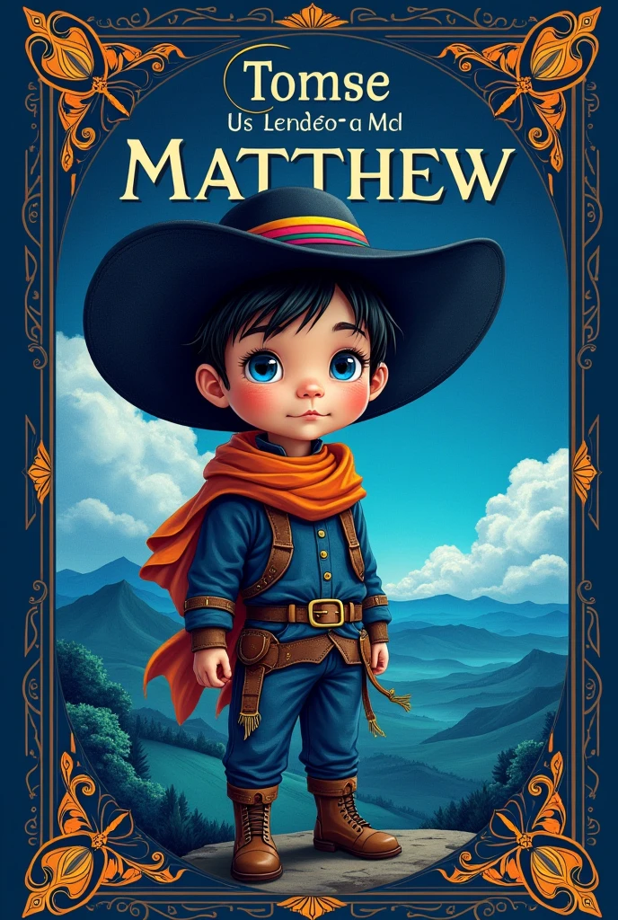 Create the cover of a cordel, from Rio Grande do Sul, with the name "Matthew the boy", with the predominant color dark blue. And may he have blue eyes