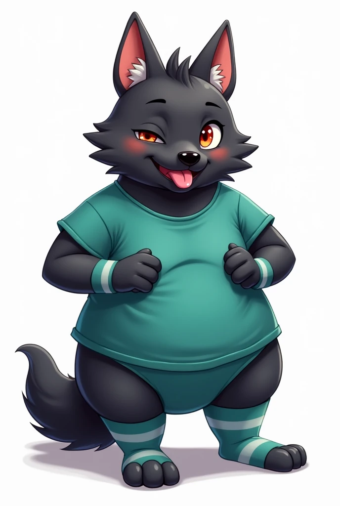 Anthropomorphic male young fat black wolf, red eyes, twirl tail, fullbody view, solo, on knees, white background, digital art, lifting his shirt, different views, wearing a teal t-shirt and long teal socks with white stripes and a teal panties, looking at viewer, one eye closed, tongue out