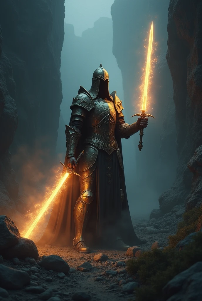 Warrior in armor and sword in dark valley emitting light in holy spirit war