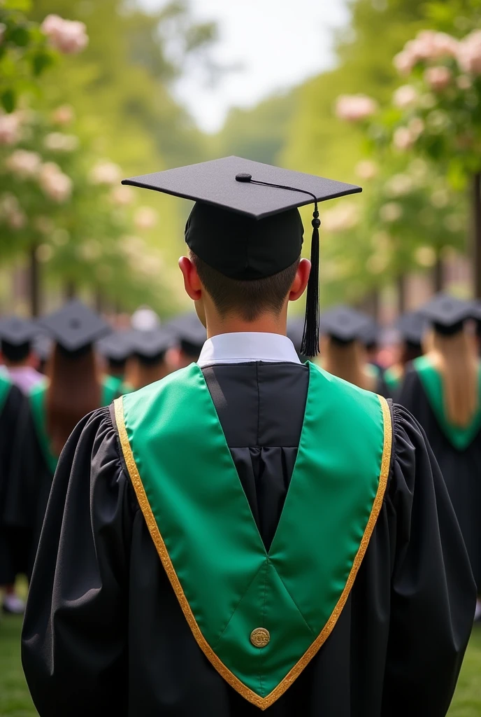 a green graduation stole with gold edges