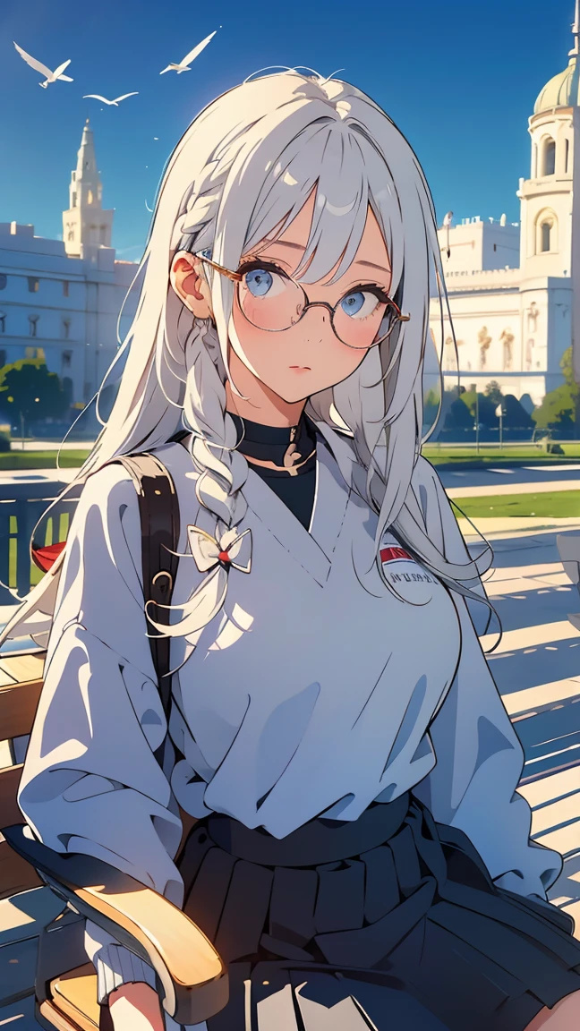 1 girl, Youngh, platinum hair, light hair and eyes, Longhaire, braid in her hair, wearing round silver-rimmed glasses, religious girl, wearing a sweater, a social skirt and her white panties showing in detail, sitting, landscape of an outdoor park, birds, church in the background, (((super detaill, High details, high qualiy, 8k, 4K)))