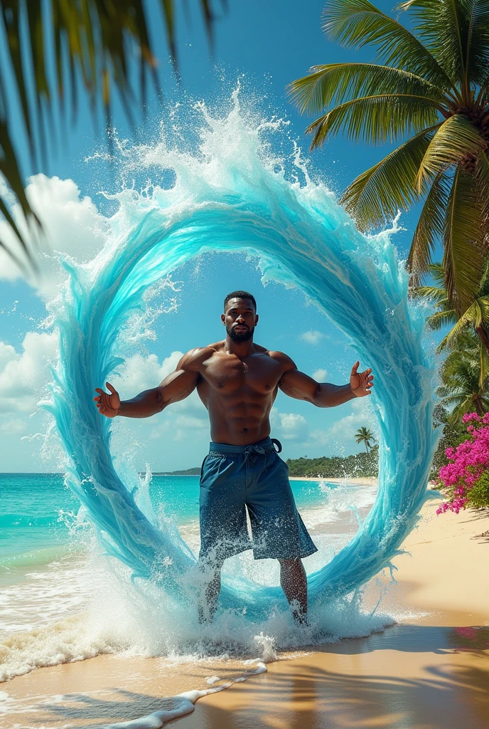 Black man water bending in the caribbean. Creating several water tornadoes